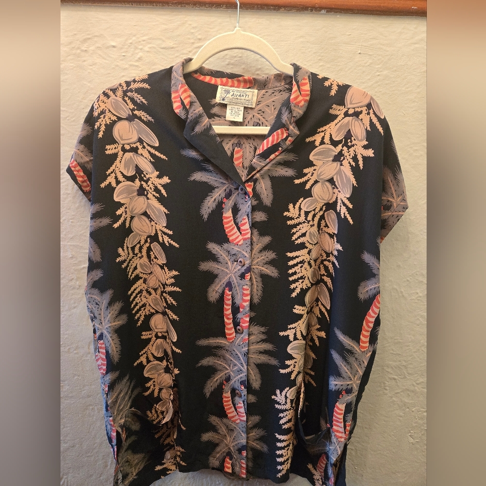 Silk Hawaiian Shirt Avanti Authentic Hawaii Aloha Tiki Print L